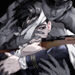  2boys 2others aiming bags_under_eyes bandage_over_one_eye behind_another black_eyes black_hair bleeding_from_forehead blue_jacket bolt_action cloak closed_mouth covering_another&#039;s_eye empty_eyes expressionless faceless faceless_male facial_hair goatee golden_kamuy gun hanazawa_yusaku hand_over_another&#039;s_eye hat hat_over_eyes highres holding holding_gun holding_weapon jacket looking_to_the_side military_uniform multiple_boys multiple_others ogata_hyakunosuke open_mouth out_of_frame partially_colored rifle scar scar_on_cheek scar_on_face short_hair smile sriokorr uniform upper_body weapon white_cloak 