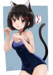  1girl animal_collar animal_ear_fluff animal_ears bare_arms bare_shoulders bell black_hair blue_background blue_one-piece_swimsuit blush border bow breasts cat_ears cat_girl cat_tail cleavage collar commentary_request covered_navel groin hair_bow hibike!_euphonium highres hisaishi_kanade jingle_bell kemonomimi_mode looking_at_viewer medium_breasts neck_bell old_school_swimsuit one-piece_swimsuit outside_border parted_lips paw_pose red_collar red_eyes school_swimsuit short_hair signature solo speech_bubble swimsuit tail tail_raised telaform translation_request white_border 