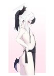  absurdres apron ass black_apron black_hair blue_archive breasts gradient_background halo highres kayoko_(blue_archive) komasi looking_at_viewer multicolored_hair naked_apron pink_background profile red_eyes small_breasts two-tone_hair white_halo 