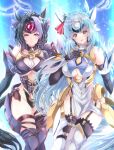  2girls absurdres animal_ears black_hair blue_hair braid braided_bun breasts commentary cosplay elbow_gloves garter_straps gloves hair_bun highres horse_ears horse_girl horse_tail kentan_(kingtaiki) kos-mos kos-mos_(cosplay) leotard light_blue_hair long_hair mejiro_ardan_(umamusume) mejiro_ramonu_(umamusume) multiple_girls siblings sisters t-elos t-elos_(cosplay) tail thighhighs umamusume xenosaga 