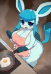 2023 anthro apron apron_only belly big_breasts big_butt black_nose blue_body blue_eyes blush breasts bulging_breasts butt canid cleavage clothed clothing cooking cookware curvy_figure digital_media_(artwork) eeveelution egg eyelashes female frying_pan full-length_portrait generation_4_pokemon glaceon gloves_(marking) hi_res high-angle_view holding_frying_pan holding_object inside kitchen_utensils looking_at_viewer mammal markings nintendo open_mouth pink_apron pink_clothing pink_tongue pokemon pokemon_(species) pokemorph portrait raised_tail side_boob slightly_chubby snout solo standing steam tail thick_thighs three-quarter_view tongue tools voluptuous wide_hips xmu
