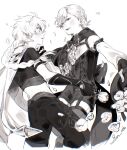  2boys aether_(genshin_impact) ahoge arm_armor artist_name back_bow blush bow bowtie braid cape corset detached_sleeves flower frills garter_belt genshin_impact gloves greyscale hair_between_eyes hair_ornament highres holding holding_flower holding_hands konkon_nok leaf long_hair long_sleeves looking_at_another lyney_(genshin_impact) male_focus monochrome multiple_boys no_headwear open_mouth pants petals puffy_detached_sleeves puffy_long_sleeves puffy_sleeves rose scarf shirt short_hair short_sleeves shorts simple_background single_bare_shoulder smile striped_bow striped_bowtie striped_clothes teeth thighhighs tongue two-tone_gloves 