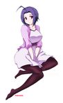  ahoge akenoin_soumon black_legwear blue_hair blush breasts fashion feet idolmaster idolmaster_(classic) large_breasts miura_azusa pantyhose purple_eyes short_hair simple_background sitting smile solo 