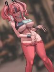  1girl absurdres alternate_costume azur_lane bandaid bandaids_on_nipples bare_shoulders blurry blurry_background blush breasts bremerton_(azur_lane) clothes_pull collarbone commentary cowboy_shot dutch_angle female_pubic_hair grey_hair grey_sports_bra groin gyaru_v hair_between_eyes hair_intakes hair_ornament highres large_breasts long_hair looking_at_viewer mole mole_under_eye multicolored_hair navel pants pants_pull pasties pink_eyes pink_hair pink_pants pubic_hair sidelocks soldat_(dndosld73832) solo sports_bra standing stomach streaked_hair sweat sweatband tight_clothes tight_pants tongue tongue_out twintails two-tone_hair underboob v white_sports_bra x_hair_ornament 