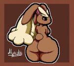  alyaska2201 anthro big_butt big_ears black_sclera bottom_heavy breasts brown_background brown_body brown_fur butt cotton_tail dipstick_ears female floppy_ears fur generation_4_pokemon hi_res looking_at_viewer looking_back looking_back_at_viewer lop_ears lopunny multicolored_ears nintendo nude pink_eyes pokemon pokemon_(species) simple_background solo tan_body tan_fur thick_thighs wide_hips 