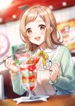  1girl blurry blurry_background blush bokeh brown_eyes brown_hair chair commentary_request cup depth_of_field dessert dress food frilled_sleeves frills fruit green_jacket happy highres holding holding_spoon ice_cream idolmaster idolmaster_shiny_colors jacket leaf looking_at_viewer medium_hair nail_polish napkin open_mouth pink_dress pink_nails plate restaurant ribbon sakuragi_mano shinishi_chiho signature sitting solo spoon strawberry sundae table watermark yellow_ribbon 