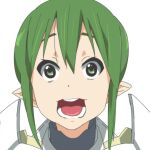  1girl armor commentary_request green_eyes green_hair hair_between_eyes highres kakifly_(style) looking_at_viewer medium_bangs open_mouth parody pauldrons pointy_ears ragnarok_online royal_guard_(ragnarok_online) short_hair shoulder_armor sidelocks simple_background solo style_parody teeth tugmix white_background 