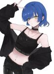  1girl arm_up black_choker black_jacket black_pants black_tank_top blue_hair blush bocchi_the_rock! choker closed_mouth commentary cowboy_shot expressionless hashtag-only_commentary highres jacket jewelry lace lace_choker looking_at_viewer mam0524 midriff mole mole_under_eye navel necklace off_shoulder open_clothes open_jacket pants short_hair simple_background sleeves_past_wrists solo standing tank_top v white_background yamada_ryo yellow_eyes 