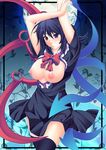  areolae arms_up asymmetrical_wings black_dress black_hair breasts breasts_outside crossed_legs dress full_moon houjuu_nue kuronezumi large_breasts looking_at_viewer moon nipples open_mouth red_eyes short_dress short_hair short_sleeves solo standing thighhighs touhou wings 