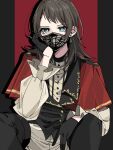  1girl bang_dream! bang_dream!_it&#039;s_mygo!!!!! black_background black_footwear black_gloves black_hair black_mask black_vest boots commentary earrings gloves green_eyes half_gloves head_rest highres jewelry long_sleeves looking_at_viewer mask medium_hair mouth_mask nanami_(nunnun_0410) pants red_background sitting solo stud_earrings thigh_boots two-tone_background vest white_pants yahata_umiri 