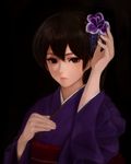  black_background brown_eyes brown_hair flower fuyube_gin_(huyube) hair_flower hair_ornament highres japanese_clothes kaga_(kantai_collection) kantai_collection kanzashi kimono obi purple_kimono sash short_hair side_ponytail solo upper_body 