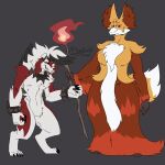  absurd_res alternative_fashion anthro big_breasts big_female black_body black_eyes black_fur bracelet branch breasts canid canine canis cheek_tuft claws clothed clothing collar delphox digital_media_(artwork) duo facial_tuft fan_character female fire floppy_ears fluffy flufy_tail fox fur generation_6_pokemon generation_7_pokemon grin hair hi_res highlights_(coloring) holding_object holding_weapon inner_ear_fluff jewelry looking_at_viewer lycanroc male male/female mammal markings midnight_lycanroc model_sheet neck_tuft nintendo paws pokemon pokemon_(species) punk red_body red_eyes red_fur rock simple_background size_difference smaller_male smile smiling_at_viewer spikes standing stick tail teeth thick_thighs tuft weapon white_body white_fur wide_hips wolf xphantomk yellow_body 