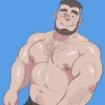  1boy back_hair bara black_hair blue_background blush dutch_angle ful_beard hand_hair huge_eyebrows large_pectorals male_focus mature_male muscular muscular_male navel nipples original paid_reward_available pectorals plump short_hair smile solo sparse_arm_hair sparse_chest_hair sparse_navel_hair strongman_waist topless_male undercut wrinkled_skin zettoken 