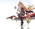  1girl blonde_hair book bracer cagliostro_(granblue_fantasy) cape crown dragon granblue_fantasy hairband highres long_hair open_book purple_eyes sitting solo spiked_hairband spikes thighhighs tiara wuzhu_nis 