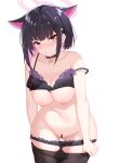  1girl absurdres animal_ears black_hair blue_archive blush breasts cat_ears censored cleavage collarbone halo highres kazusa_(blue_archive) large_breasts looking_at_viewer navel nipples red_eyes short_hair solo thighs underwear yuruto 