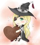  1girl black_cape black_footwear blonde_hair blush candy cape chibi chocolate commentary_request eyepatch fairy food full_body green_eyes hair_between_eyes heart heart-shaped_chocolate holding holding_candy holding_chocolate holding_food long_hair medium_bangs mini_person minigirl open_mouth othinus pink_background shin_(highest1192) solo standing toaru_majutsu_no_index toaru_majutsu_no_index:_new_testament very_long_hair wavy_hair wavy_mouth 
