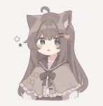  1girl :o ahoge animal_ears arms_at_sides black_bow black_bowtie black_sailor_collar blue_eyes blush bow bowtie brown_hair capelet cat_ears cat_girl center_frills colon_br cropped_torso dot_nose frilled_capelet frills grey_capelet hair_between_eyes hair_ornament hairclip highres long_hair long_sleeves looking_at_viewer open_mouth original sailor_collar shirt sidelocks simple_background solo white_background white_shirt 