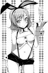  akino_sora animal_ears blush breasts bunny_ears cleavage glass greyscale hair_ornament hairclip hand_on_hip highres looking_at_viewer love_live! love_live!_school_idol_project medium_breasts monochrome navel nishikino_maki short_hair smile solo suspenders tray wrist_cuffs 