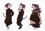  1boy age_progression animal_ears black_eyeliner black_footwear black_hakama black_jacket black_kimono black_pants blush cat_boy cat_ears cat_tail cioccolato_mnt closed_eyes earrings eyeliner full_body gakuran getou_suguru hair_bun hakama hakama_pants hand_on_own_hip heart jacket japanese_clothes jewelry jujutsu_kaisen kemonomimi_mode kesa kimono loose_hair_strand makeup multiple_views musical_note open_mouth pants paw_pose purple_eyes purple_hair school_uniform shoes single_hair_bun solo standing stud_earrings sweatdrop tail white_background 