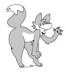  2024 ambiguous_gender anthro arm_tuft ass_up big_butt blush butt canid canine cheek_tuft claws countershading digital_drawing_(artwork) digital_media_(artwork) elbow_tuft facial_tuft fangs fox gesture greyscale hi_res mammal markings monochrome neck_tuft nude pawpads simple_background smile solo squishy_(artist) tail tail_markings teeth thick_thighs tobi_(squishy) tuft waving waving_at_viewer white_background 