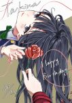  2girls black_hair blush closed_mouth commentary_request dated english_text female_pov flower green_ribbon happy_birthday highres holding holding_flower inoue_takina long_hair looking_at_viewer looking_back lycoris_recoil multiple_girls neck_ribbon nishikigi_chisato pov purple_eyes red_flower red_rose ribbon rose shiratama_draw smile string string_of_fate 