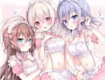  3girls :d :o amedamacon apron blue_eyes blue_hair blush braid braided_bangs breasts brown_hair cleavage closed_mouth commentary_request detached_sleeves frilled_apron frills hair_between_eyes hair_ornament light_brown_hair long_hair maid_headdress medium_breasts multiple_girls navel original parted_lips pink_skirt pink_sleeves puffy_short_sleeves puffy_sleeves red_eyes short_sleeves skirt small_breasts smile very_long_hair waist_apron white_apron wrist_cuffs x_hair_ornament 
