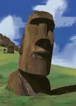  blue_sky cloud day easter_island field film_grain grass hill moai no_humans object_focus original outdoors painterly scenery seamousmcfly shadow sky statue still_life 