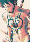  1boy abs absurdres bare_pectorals chest_tattoo chromatic_aberration commentary_request earrings facial_hair furol_nicoco goatee hand_tattoo highres holding holding_sword holding_weapon jewelry looking_at_viewer male_focus one_piece pectorals sideburns solo sword tattoo topless_male trafalgar_law upper_body weapon 
