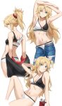  1girl bare_shoulders bikini blonde_hair blush braid breasts collarbone fate/apocrypha fate_(series) french_braid green_eyes hair_ornament hair_scrunchie highres long_hair looking_at_viewer mordred_(fate) mordred_(fate/apocrypha) multiple_views navel parted_bangs ponytail scrunchie sidelocks small_breasts smile swimsuit thighs tonee 