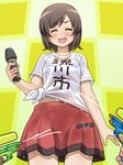  awa blush brown_hair closed_eyes futsuu_no_joshikousei_ga_locodol_yattemita microphone open_mouth shirt short_hair skirt usami_nanako water_gun wet wet_clothes wet_shirt 