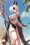  1girl 2b_(nier:automata) animal_ears black_blindfold blindfold breasts egyptian egyptian_clothes egyptian_mythology hairband jackal_ears medium_breasts mitsu_(mitsu_art) mole mole_under_mouth navel nier:automata nier_(series) revealing_clothes short_hair solo stomach thigh_strap white_hair wide_hips 