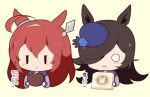  2girls :t animal_ears black_hair black_shirt blue_flower blue_hat blue_rose blush_stickers bread bread_slice brown_background brown_hair chibi closed_mouth cropped_torso eating flower food gomashio_(goma_feet) hair_between_eyes hair_over_one_eye hat hat_flower holding holding_food horse_ears jitome long_hair mihono_bourbon_(umamusume) multiple_girls o_o rice_shower_(umamusume) rose school_uniform shirt simple_background tilted_headwear tracen_school_uniform translation_request umamusume upper_body very_long_hair wavy_mouth 