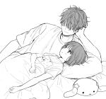  1boy 1girl arm_at_side arm_support blush closed_mouth facing_another greyscale hair_over_eyes hand_on_own_head head_rest long_bangs looking_at_another lying monochrome on_back on_bed on_side open_mouth original pillow print_shirt sekiya_asami shirt short_hair short_sleeves size_difference smile stuffed_animal stuffed_rabbit stuffed_toy under_covers 