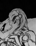  1boy 1girl black_background couple d.va_(overwatch) greyscale highres humanoid_robot lying male_focus monochrome on_back out_of_frame overwatch overwatch_2 ramattra_(overwatch) robot simple_background solo_focus velinxi 