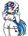  anthro anthrofied big_breasts bikini blue_hair blush breasts chest_tuft colored cutie_mark ep777 equine eyewear female flashing friendship_is_magic fur hair horn looking_at_viewer mammal my_little_pony nipples plain_background pussy red_eyes solo sunglasses swimsuit tuft two_tone_hair unicorn vinyl_scratch_(mlp) white_background white_fur 
