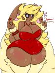  anthro big_breasts blonde_hair bracelet breasts brown_body clothed clothing dress female fur generation_4_pokemon hair heart_symbol hi_res jewelry lewdchuu_(artist) lopunny nintendo pink_eyes pokemon pokemon_(species) red_clothing red_dress sakura_(lewdchuu) simple_background solo thick_thighs white_background yellow_body yellow_fur 