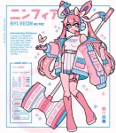  1girl bare_shoulders blue_eyes boots bow breasts bug butterfly color_guide emily_kim english_text hammer headphones highres huge_weapon humanization jacket multicolored_clothes multicolored_jacket o-ring o-ring_thigh_strap pink_bow pink_butterfly pink_footwear pink_hair pink_jacket pleated_skirt pokemon shirt simple_background skirt sleeveless small_breasts sparkle stats sylveon tank_top thigh_strap twintails twitter_username two-tone_jacket weapon white_bow white_jacket white_shirt white_skirt 