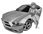  1girl absurdres breasts car commission covered_nipples cropped_shirt dodge_(company) dodge_charger greyscale highres kansu-kansu large_breasts looking_to_the_side micro_shorts midriff monochrome motor_vehicle muscle_car navel original shirt shoes shorts simple_background sleeveless sleeveless_shirt smile sneakers solo vehicle_focus white_background 