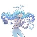  1other androgynous aqua_eyes aqua_hair aqua_halo ba_ren_bi bottle closed_mouth dark_skin glowing glowing_eye halo hand_up heterochromia highres index_finger_raised k2_(mili) long_hair looking_at_viewer mascot mili_(band) milk_bottle no_nipples solar_system spiked_halo stitched_arm stitched_neck stitches tears topless torino_(mili) transparent very_long_hair white_eyes 