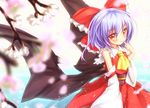  :&lt; ascot bad_id bad_pixiv_id bat_wings blurry blush bow cherry_blossoms cosplay depth_of_field detached_sleeves finger_to_mouth gennsuikyou hair_bow hakurei_reimu hakurei_reimu_(cosplay) petals purple_hair red_eyes remilia_scarlet short_hair solo touhou wings 