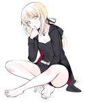  1girl artoria_pendragon_(fate) barefoot belt black_camisole black_hoodie black_ribbon black_shorts blonde_hair breasts camisole cleavage commentary_request fate/grand_order fate_(series) full_body hair_ribbon hand_on_own_chin head_tilt highres hood hoodie jewelry long_hair long_sleeves looking_at_viewer medium_bangs necklace open_hood open_mouth pale_skin ribbon saber_alter saber_alter_(ver._shinjuku_1999)_(fate) shorts simple_background small_breasts solo tugmix v-shaped_eyebrows white_background white_belt yellow_eyes 