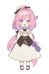  1girl :d bare_shoulders black_footwear blue_eyes blush_stickers commentary_request detached_sleeves dress elysia_(honkai_impact) full_body hair_intakes hat highres honkai_(series) honkai_impact_3rd korean_commentary long_hair marimo_jh multicolored_hair pink_hair pointy_ears purple_hair shoes short_sleeves simple_background smile solo standing tilted_headwear two-tone_hair very_long_hair white_background white_dress white_hat white_sleeves 