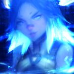  1girl alex_chow blue_eyes blue_hair blue_theme glowing glowing_hair looking_to_the_side neon_(valorant) parted_lips red_lips shirt sleeveless sleeveless_shirt smile solo v-shaped_eyebrows valorant 