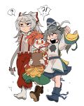  !? 3girls :d ? apron arm_up blue_footwear blue_hat blue_skirt book boots bow brown_footwear checkered_clothes checkered_kimono clenched_hand closed_eyes closed_mouth collared_shirt commentary english_commentary expressionless flat_chest fujiwara_no_mokou full_body green_skirt grey_hair hair_bow hat highres holding holding_book japanese_clothes kariginu kimono long_hair long_sleeves medium_bangs mononobe_no_futo motoori_kosuzu multiple_girls open_mouth orange_eyes orange_hair pants pom_pom_(clothes) ponytail red_eyes red_pants shirt short_hair sidelocks simple_background skirt smile spoken_interrobang spoken_question_mark suspenders taco_touhou tate_eboshi teeth touhou two_side_up upper_teeth_only very_long_hair walking white_background white_bow white_footwear white_shirt wide_sleeves yellow_apron 