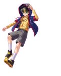  1boy black_footwear black_hair black_shorts blonde_hair blue_jacket collared_shirt commentary digimon digimon_card_game digimon_liberator hood hood_up hooded_jacket jacket jewelry multicolored_hair official_art pendant shirt shorts simple_background solo streaked_hair transparent_background winr_(digimon) yellow_shirt 