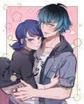  1boy 1girl black_jacket blazer blue_eyes blue_hair blue_hoodie blush closed_mouth hibidaikansya2 highres hood hoodie hug jacket looking_at_another luka_couffaine marinette_dupain-cheng miraculous_ladybug open_clothes open_jacket open_mouth pants pink_background pink_pants shirt short_twintails smile twintails white_shirt 