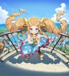  1girl armlet artist_request balcony bare_shoulders big_hair blonde_hair blue_eyes blue_sky blush cloud crossed_arms dress drill_hair flat_chest floating_hair full_body heart_of_crown highres horizon long_hair looking_at_viewer ocean official_art outdoors parted_lips railing second-party_source sky smile solo town twin_drills 