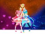  3girls ankle_boots back_bow blonde_hair blue_bow blue_footwear blue_hair blue_pantyhose boots bow brooch bun_cover china_dress chinese_clothes choker clenched_hands closed_mouth commentary cone_hair_bun cure_precious cure_spicy cure_yum-yum delicious_party_precure double_bun dress earrings flats frown fuwa_kokone gloves green_eyes hair_bow hair_bun hanamichi_ran heart heart_brooch highres huge_bow jewelry knee_boots kome-kome_(precure) lifting_person long_hair looking_at_viewer magical_girl mem-mem_(precure) multiple_girls nagomi_yui on_kazu open_mouth orange_bow orange_dress orange_footwear pam-pam_(precure) pantyhose pink_dress pink_hair precure puffy_short_sleeves puffy_sleeves purple_eyes red_bow red_choker red_eyes rope short_dress short_hair short_sleeves side_ponytail smile sparkle standing triple_bun two_side_up very_long_hair white_footwear white_gloves yellow_bow 