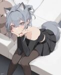  1girl :t absurdres animal_ear_fluff animal_ears black_shirt black_skirt blush brown_pantyhose closed_mouth commentary_request couch crop_top feet_out_of_frame grey_eyes grey_hair hair_between_eyes highres long_sleeves looking_at_viewer mayogii midriff off-shoulder_shirt off_shoulder on_couch original pantyhose pleated_skirt ribbed_shirt shirt signature sitting skirt solo stuffed_animal stuffed_toy tail teddy_bear 