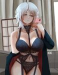  1girl black_coat blue_eyes bra breasts cellphone coat collarbone dudeunderscore faust_(project_moon) garter_straps holding holding_phone large_breasts limbus_company lingerie long_sleeves navel panties phone project_moon short_hair solo underwear white_hair 